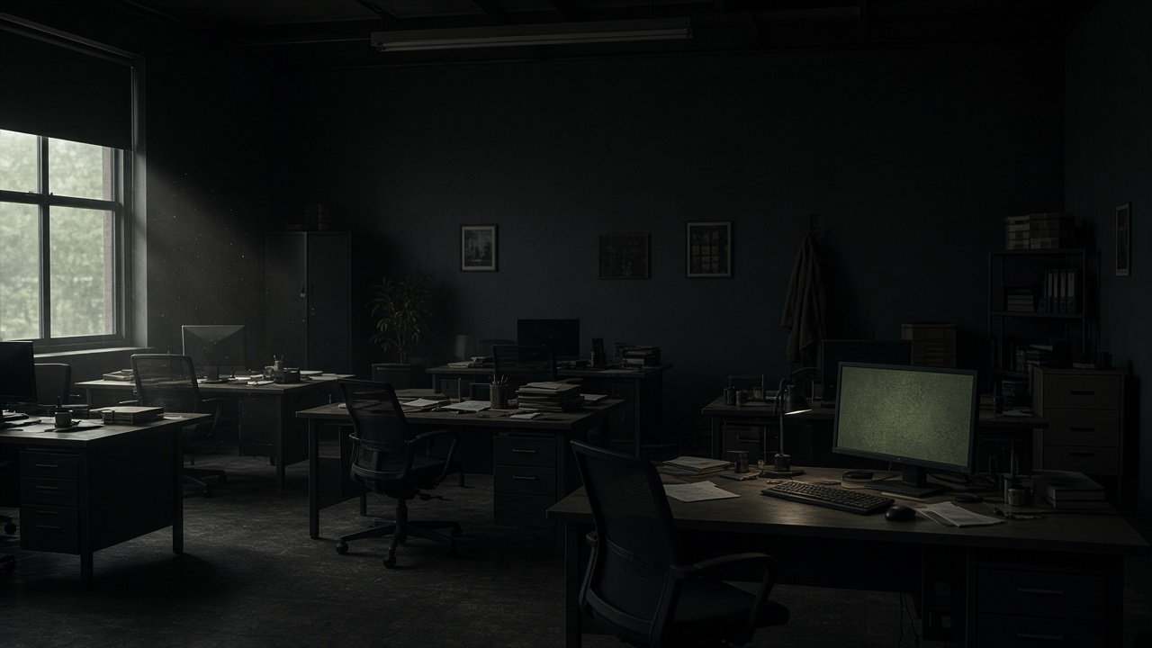 The office after hours, desks left as they were.