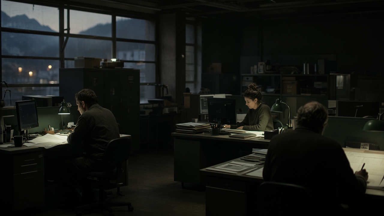 A small office at dusk, three people working quietly at their desks.