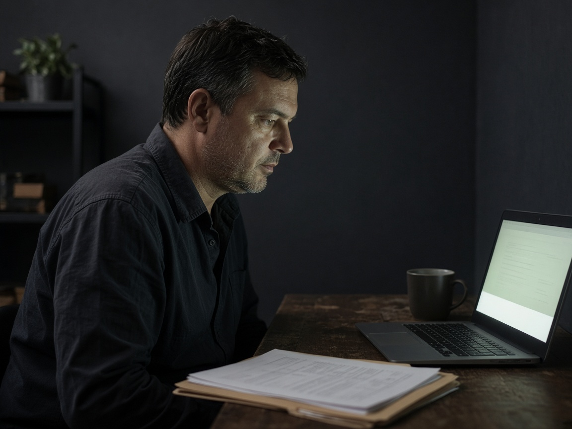 An owner reading the day's picture of the business on a laptop.