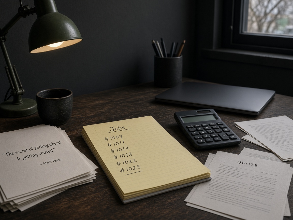 Printed quotes, a notepad, and a calculator on a worn desk.
