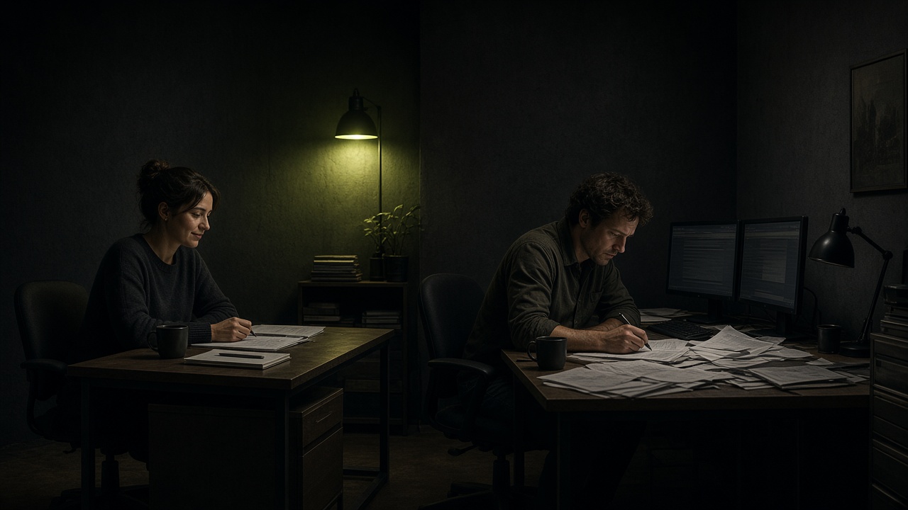 Two desks side by side, same hour, different pace.